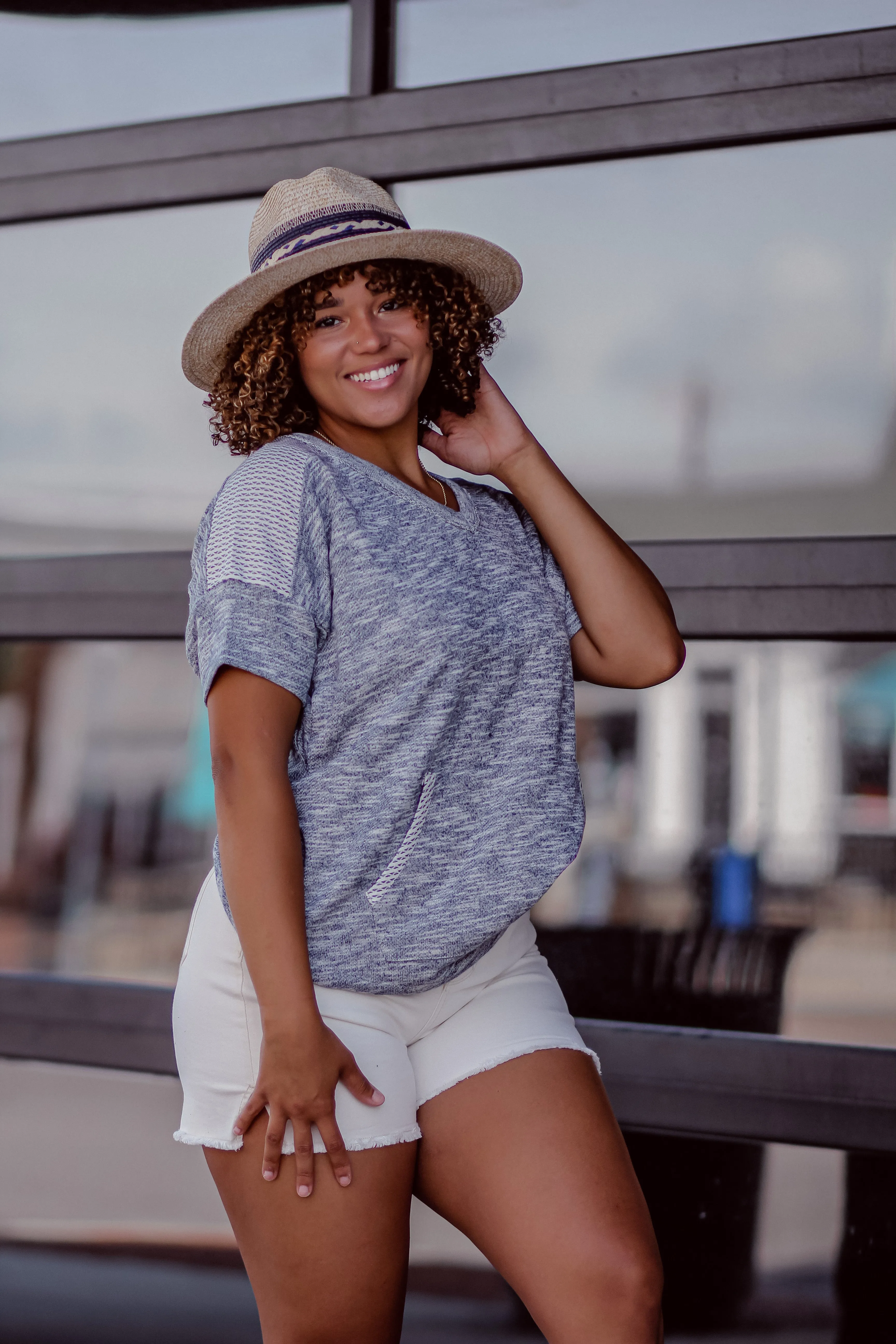 Grey and Checker Detail V Neck Pullover Top
