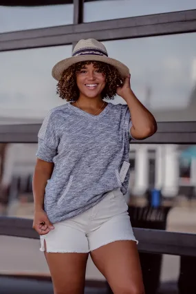 Grey and Checker Detail V Neck Pullover Top