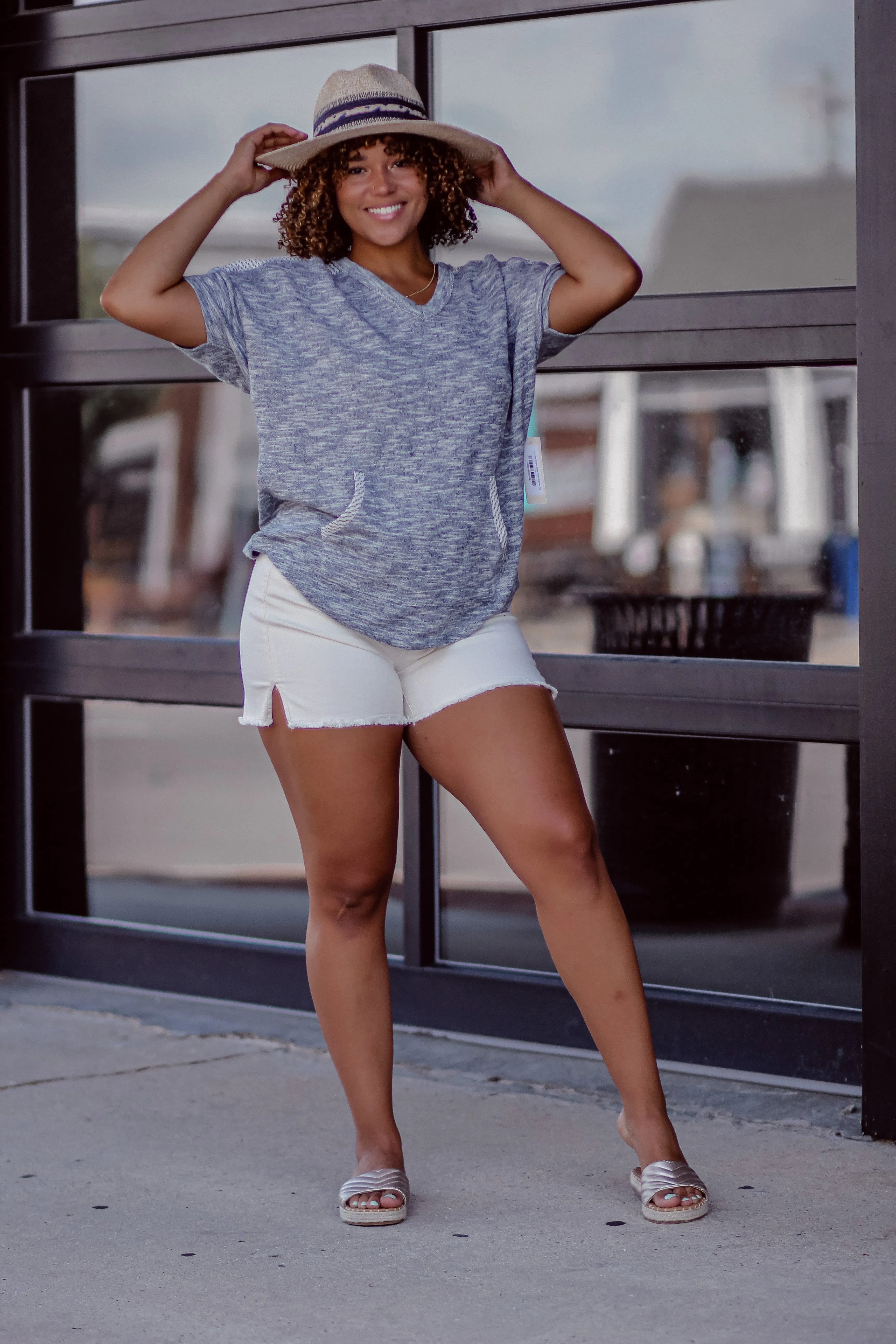 Grey and Checker Detail V Neck Pullover Top