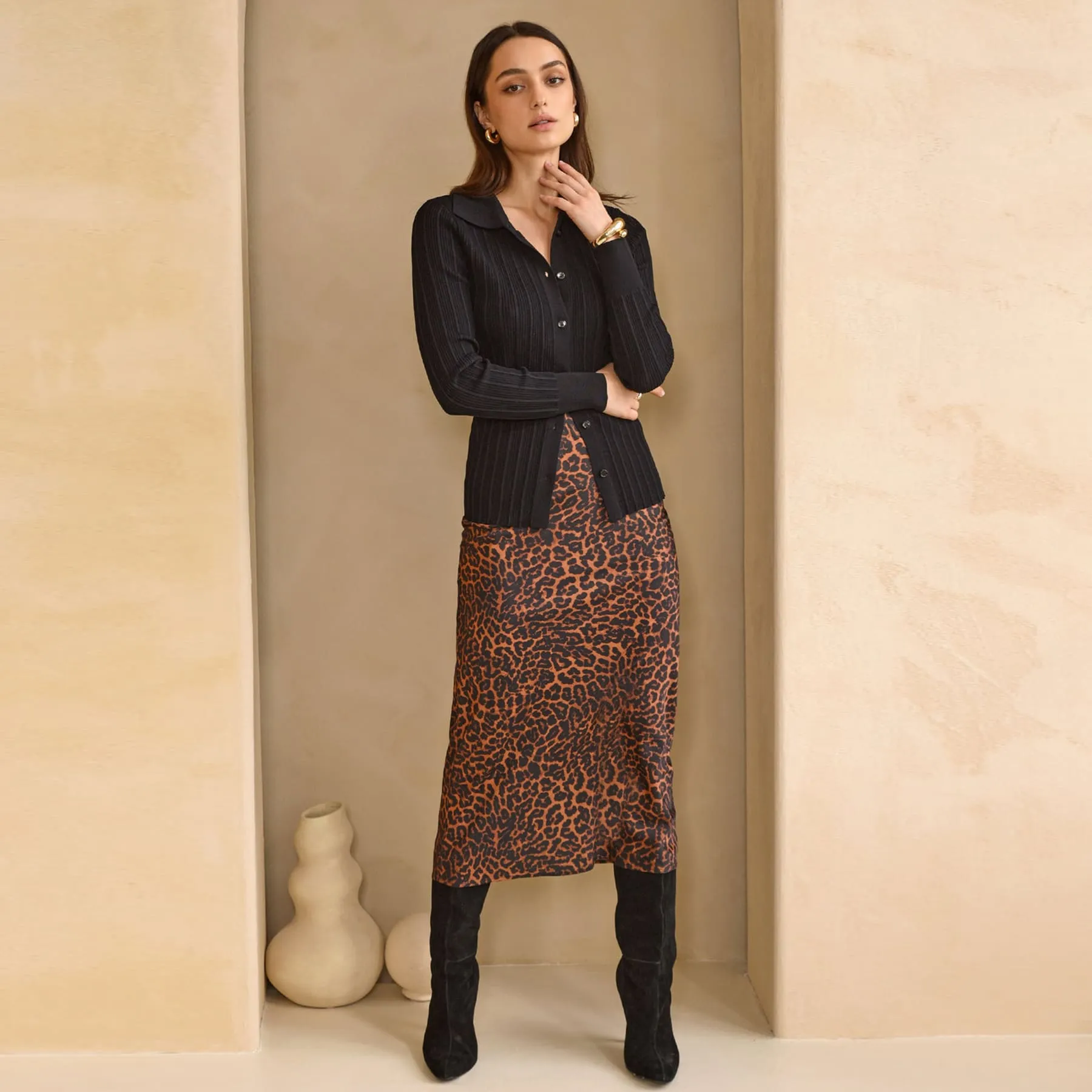 Greylin Athena Sateen Animal Slip Skirt - Cognac / Black