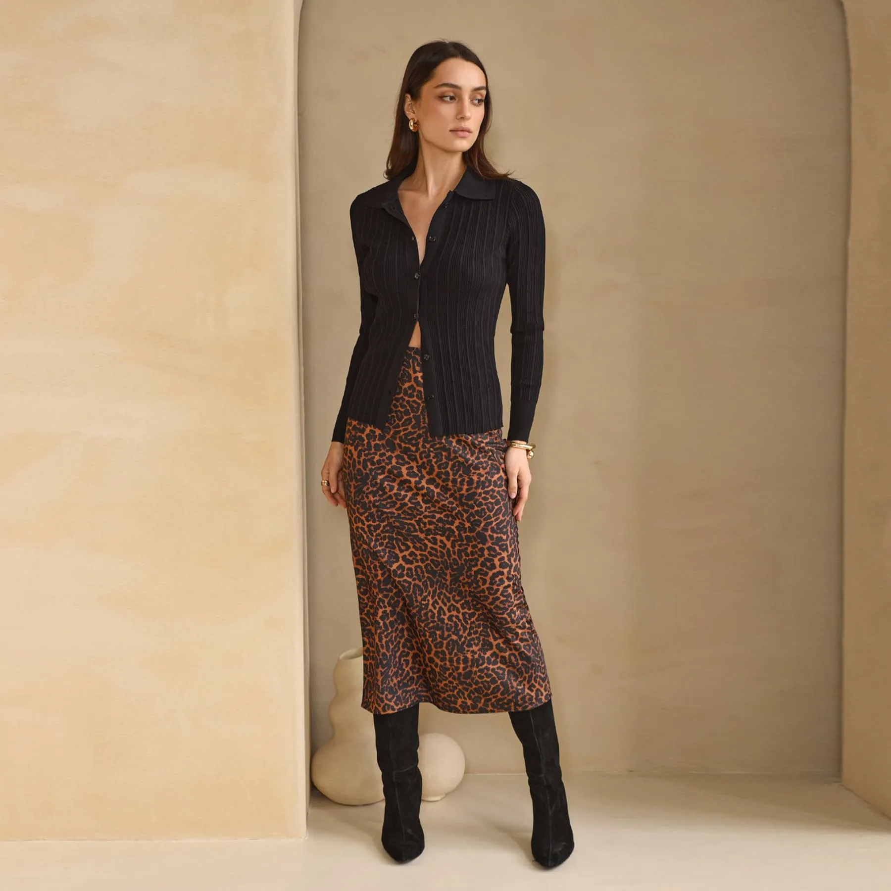 Greylin Athena Sateen Animal Slip Skirt - Cognac / Black