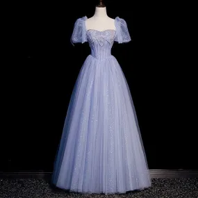 Handmade Princesscore Puff Sleeves Studded Blue Ball Gown