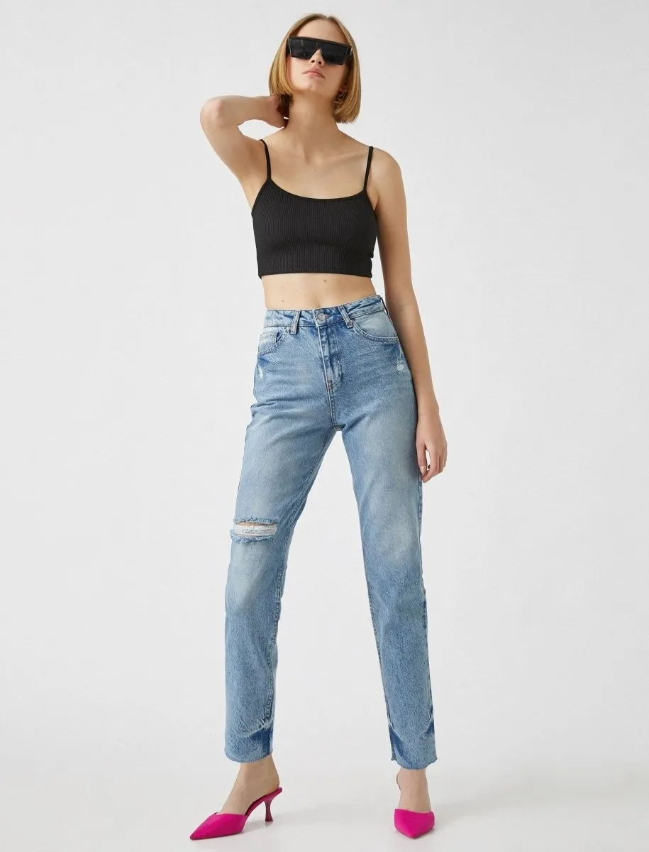 High Rise Mom Jeans in Destructed Light Wash