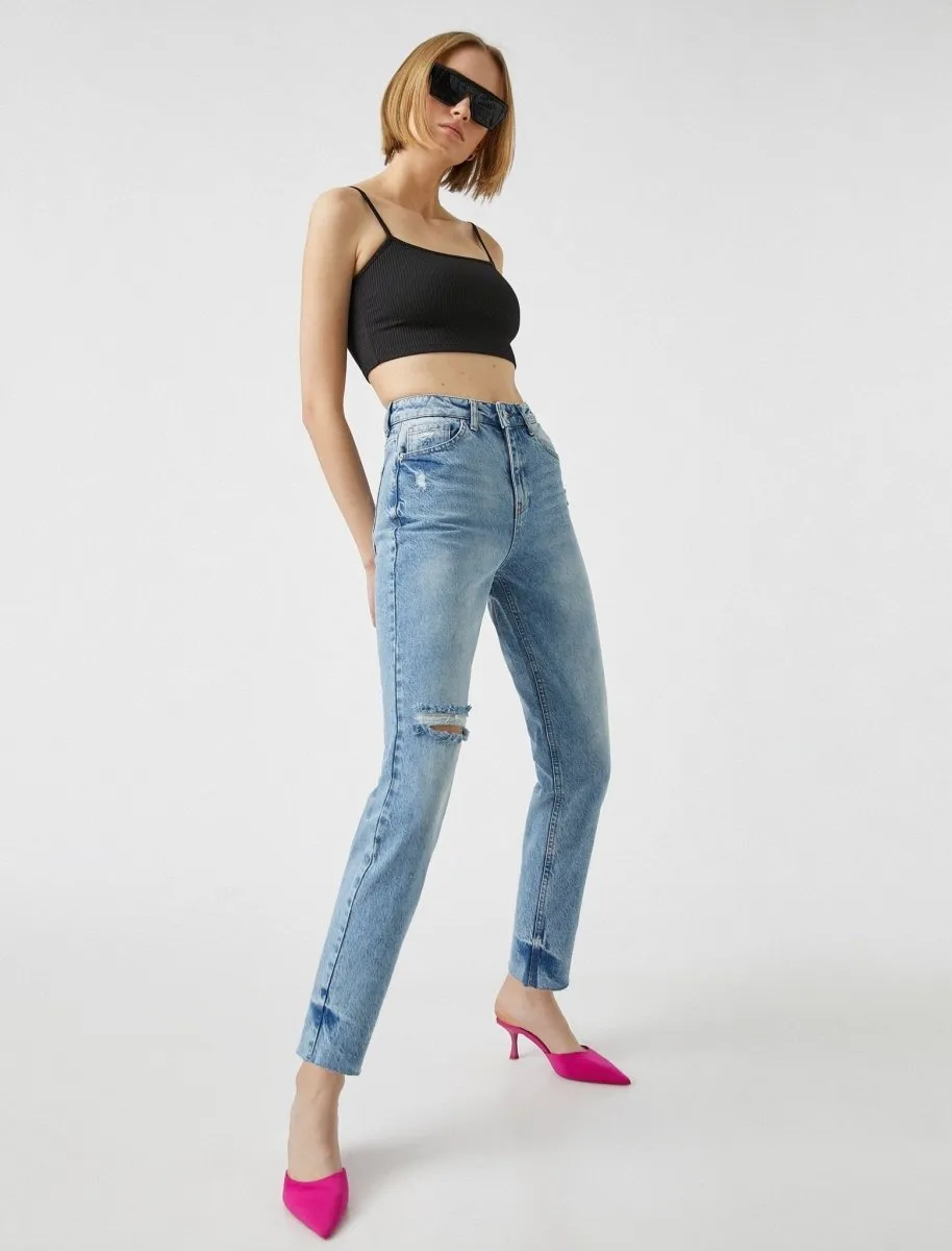 High Rise Mom Jeans in Destructed Light Wash