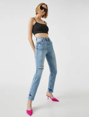 High Rise Mom Jeans in Destructed Light Wash