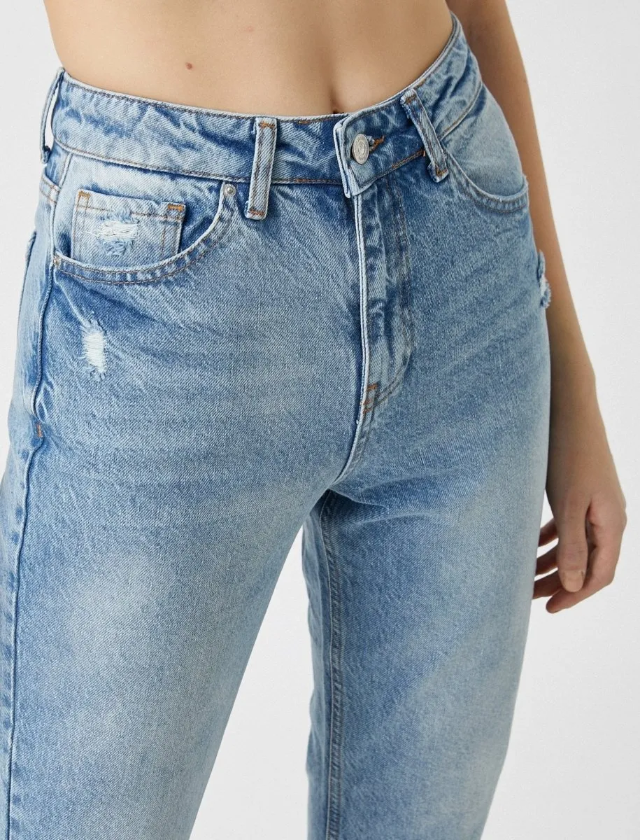 High Rise Mom Jeans in Destructed Light Wash