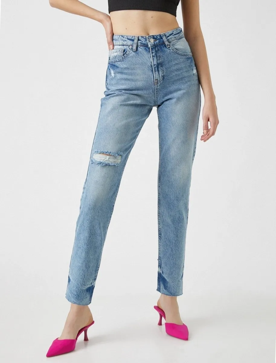 High Rise Mom Jeans in Destructed Light Wash