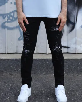 Hip Hop Black Ripped Jeans with Cashew Flower Patch