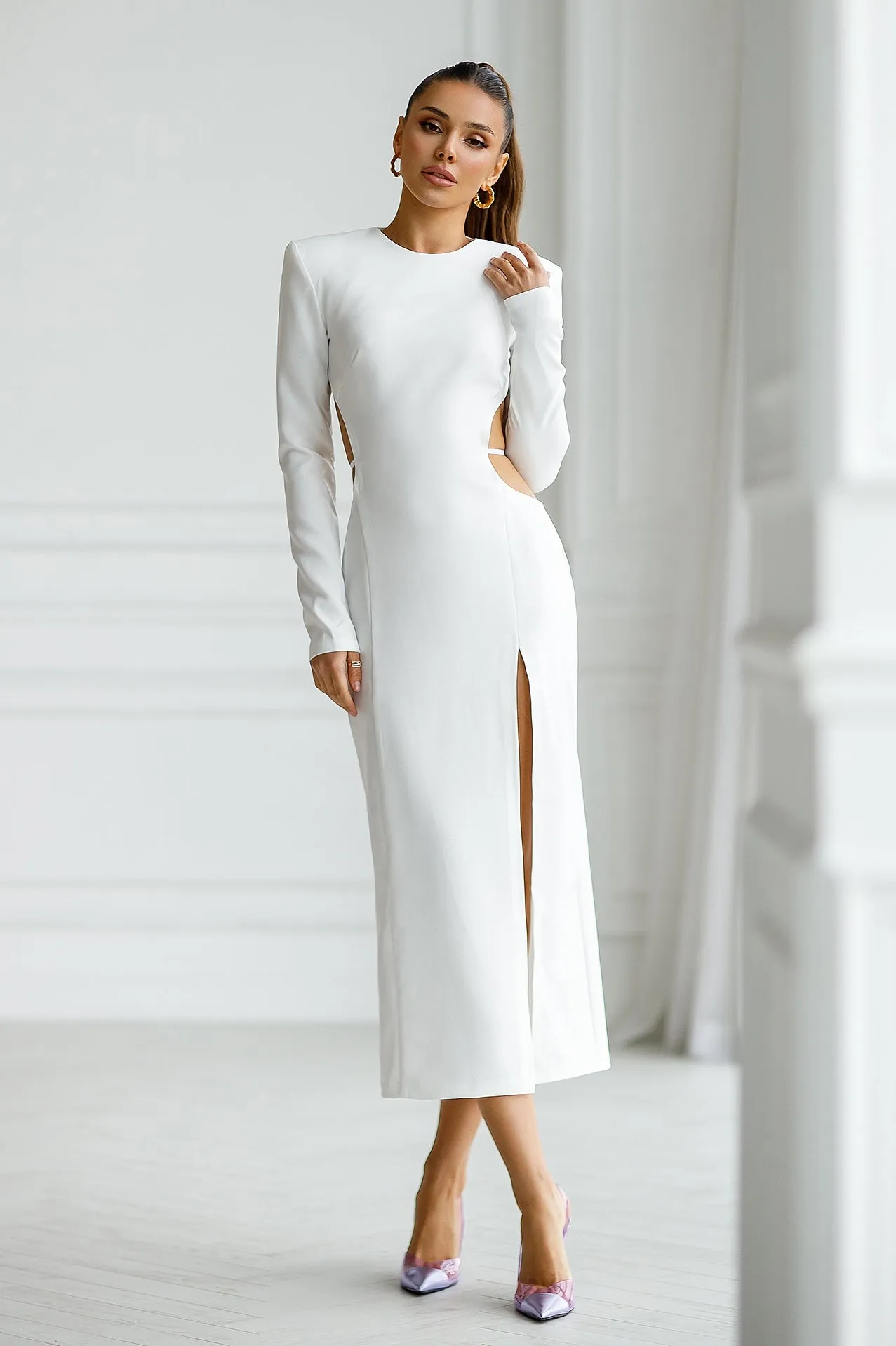 Ivory Backless Long Sleeve Midi Dress
