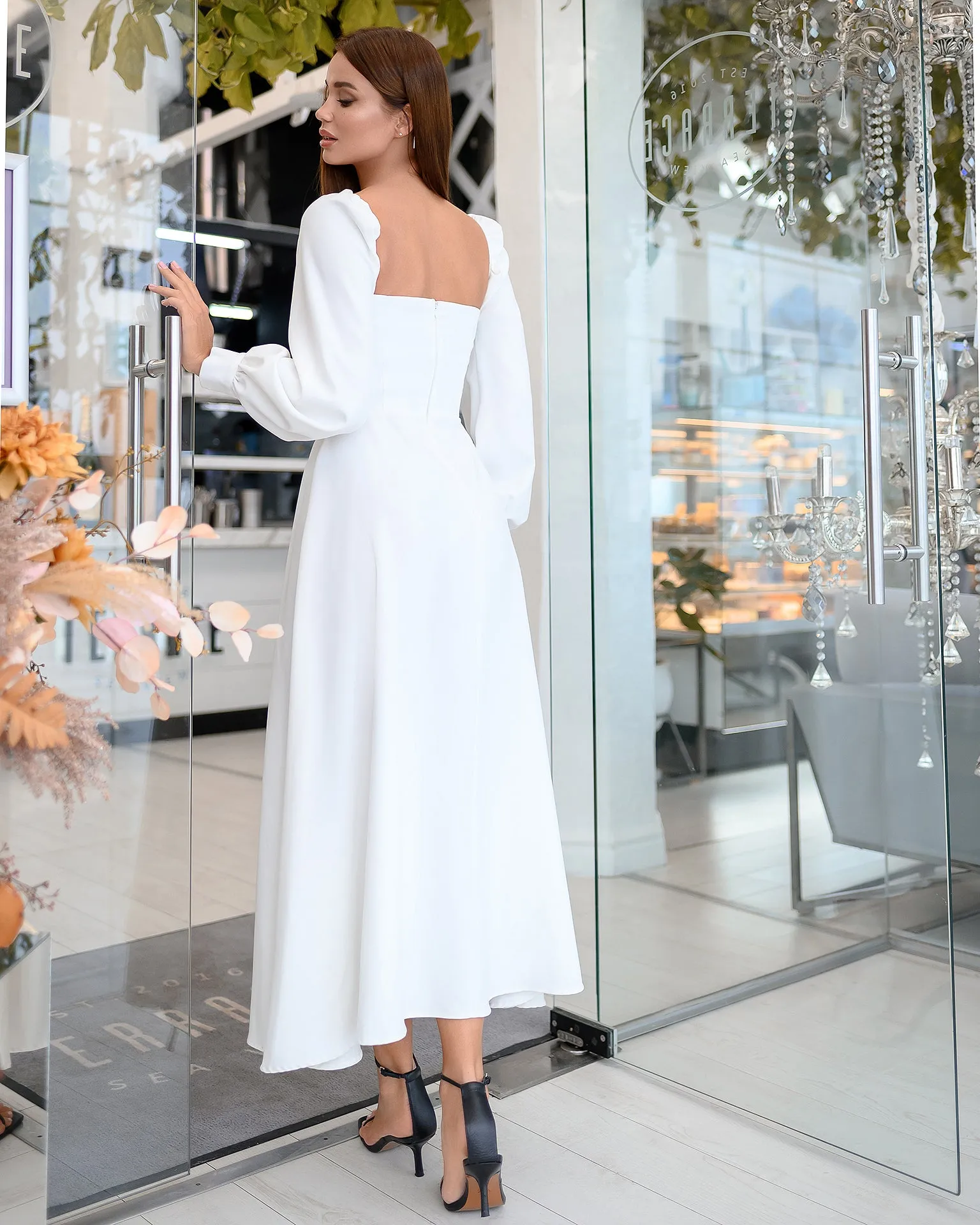 Ivory Puff-Sleeve Midi Dress