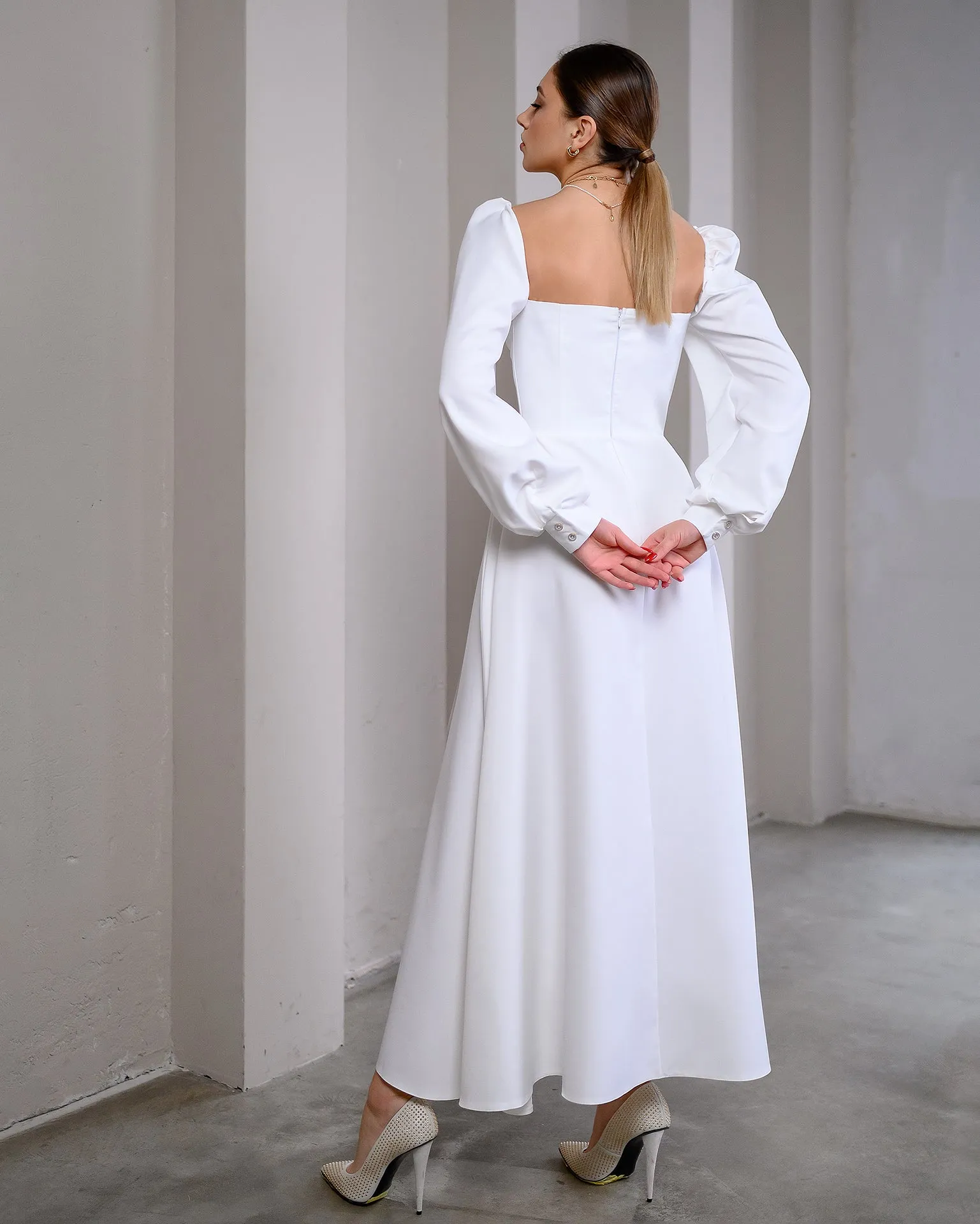 Ivory Puff-Sleeve Midi Dress