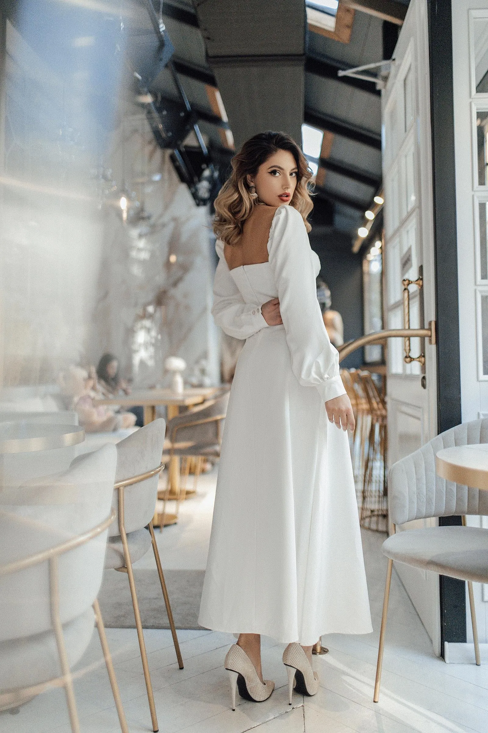 Ivory Puff-Sleeve Midi Dress