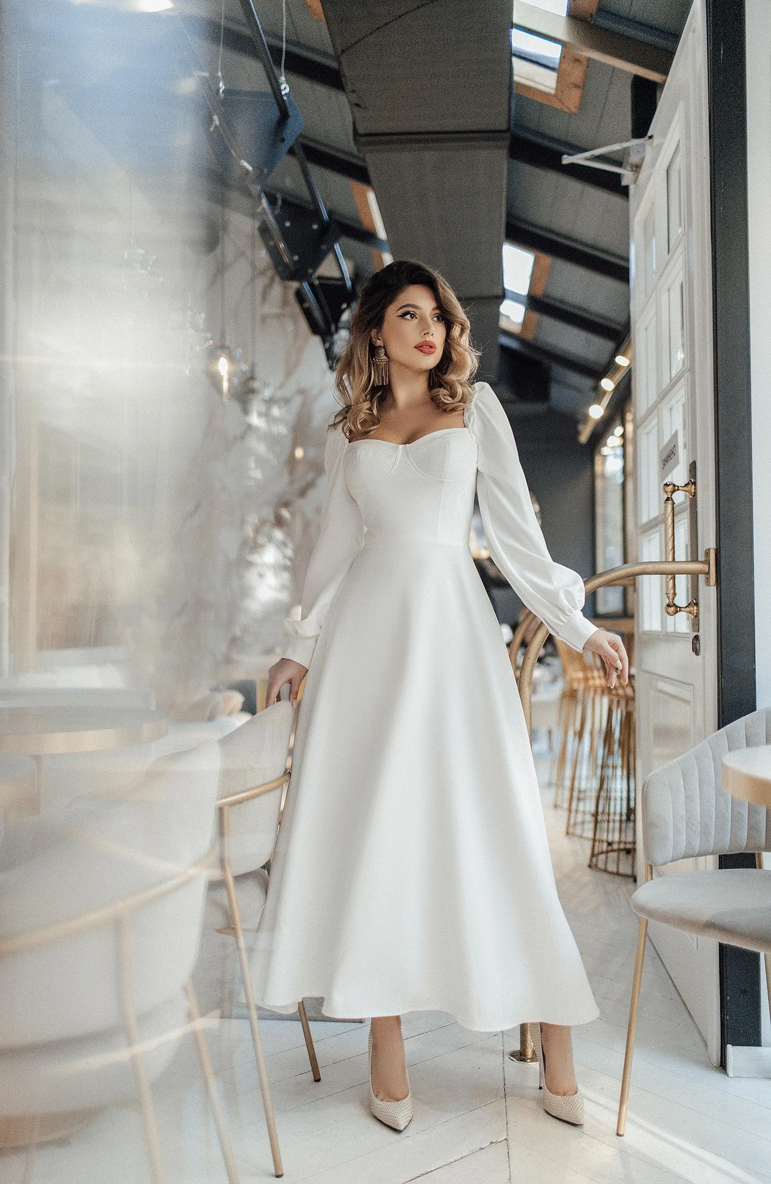 Ivory Puff-Sleeve Midi Dress
