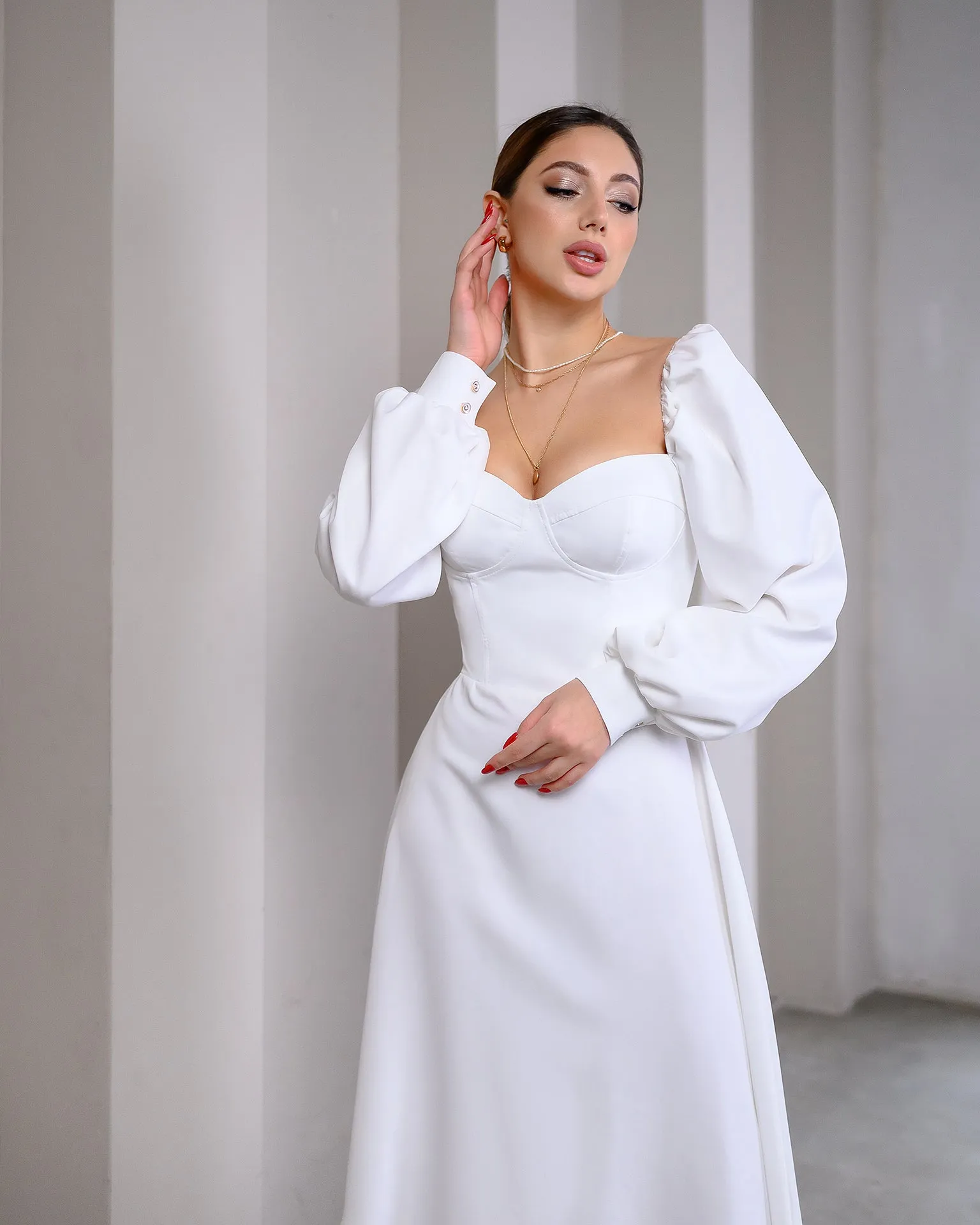 Ivory Puff-Sleeve Midi Dress