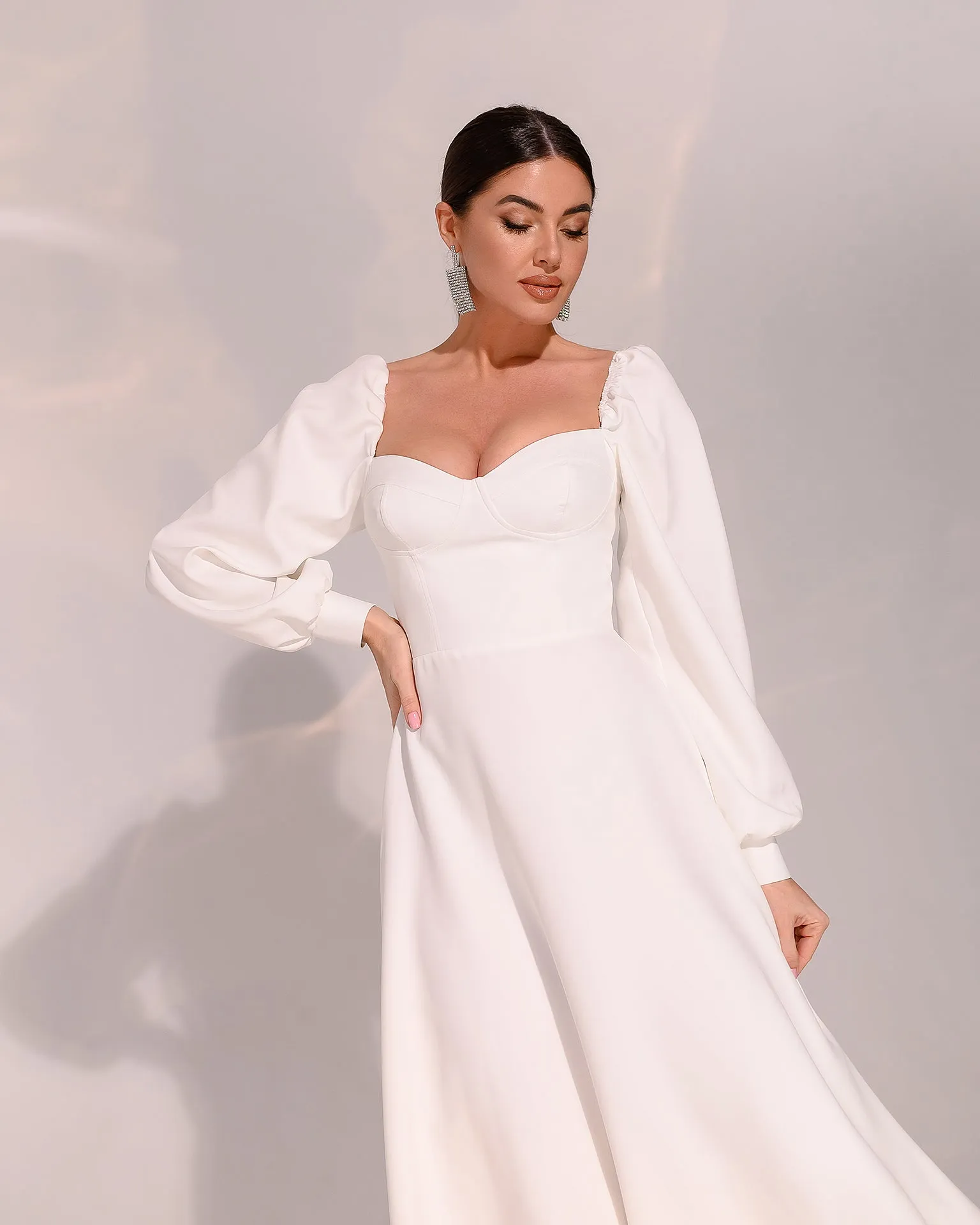 Ivory Puff-Sleeve Midi Dress