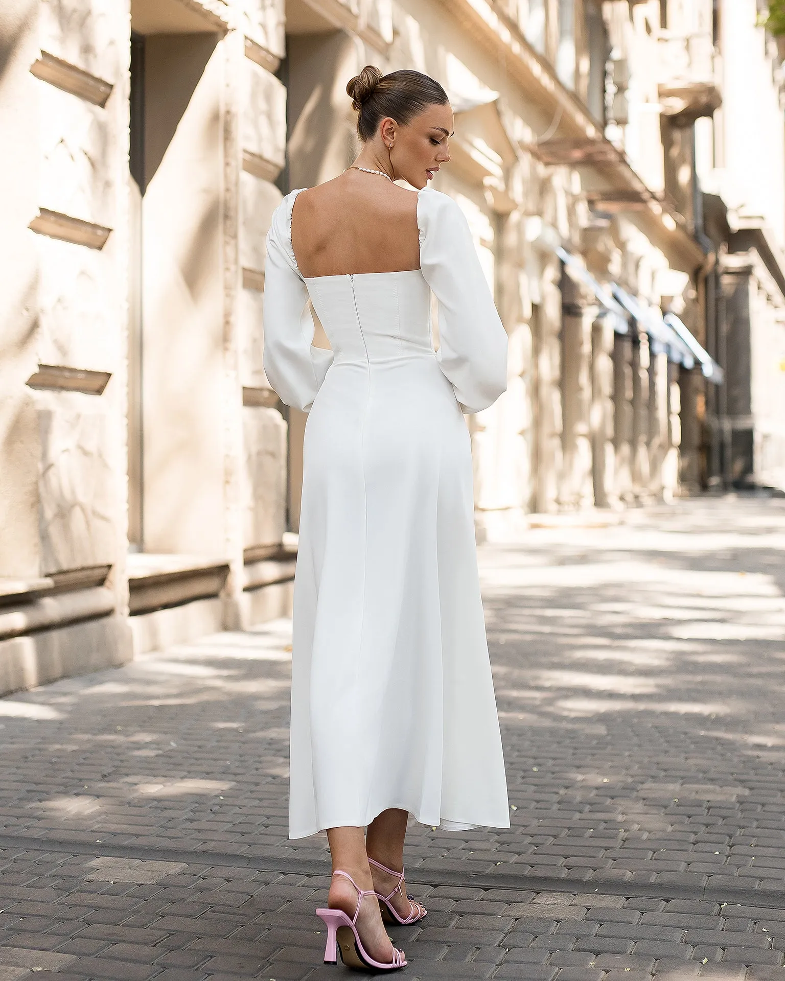 Ivory Puff-Sleeve Midi Dress