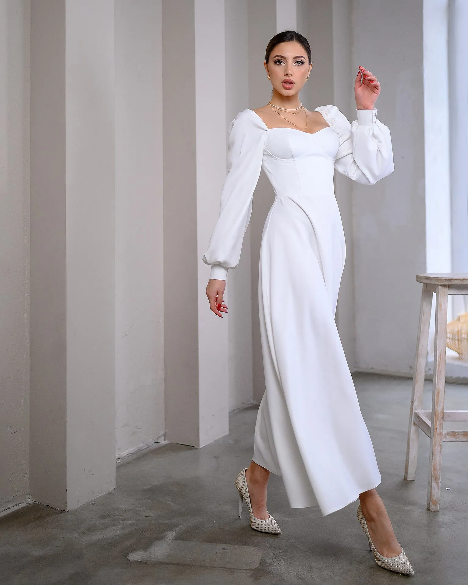 Ivory Puff-Sleeve Midi Dress