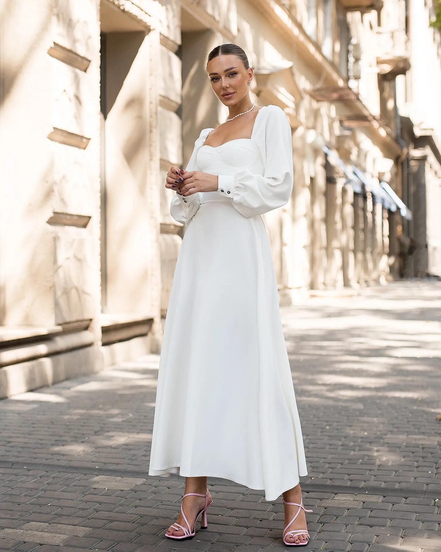 Ivory Puff-Sleeve Midi Dress