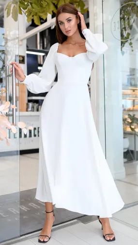 Ivory Puff-Sleeve Midi Dress