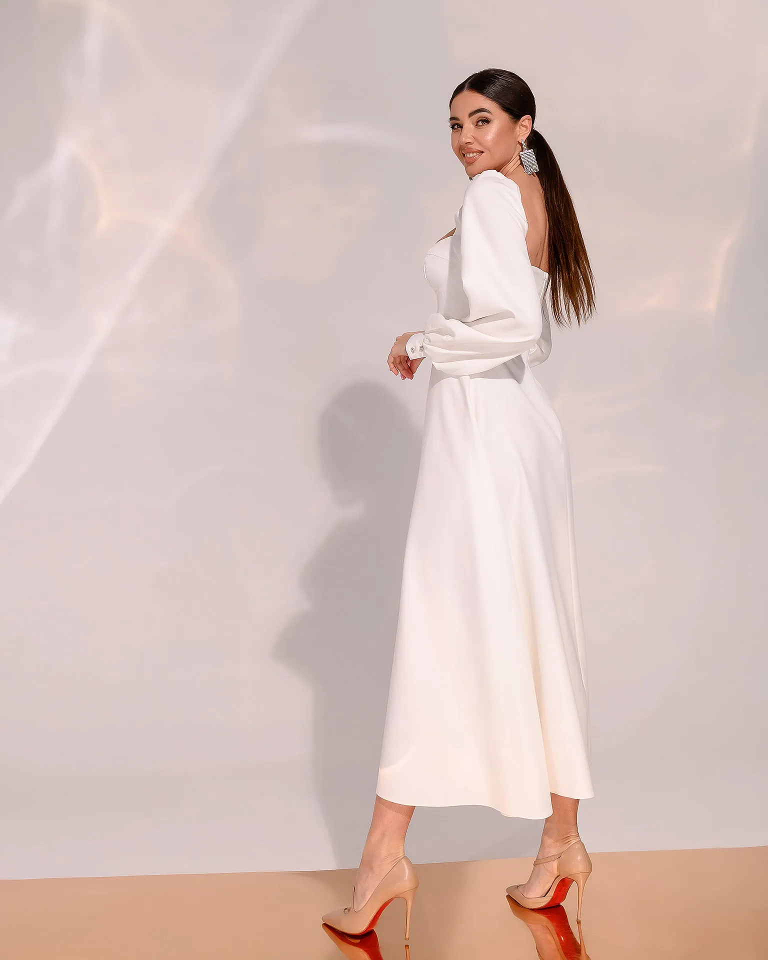 Ivory Puff-Sleeve Midi Dress