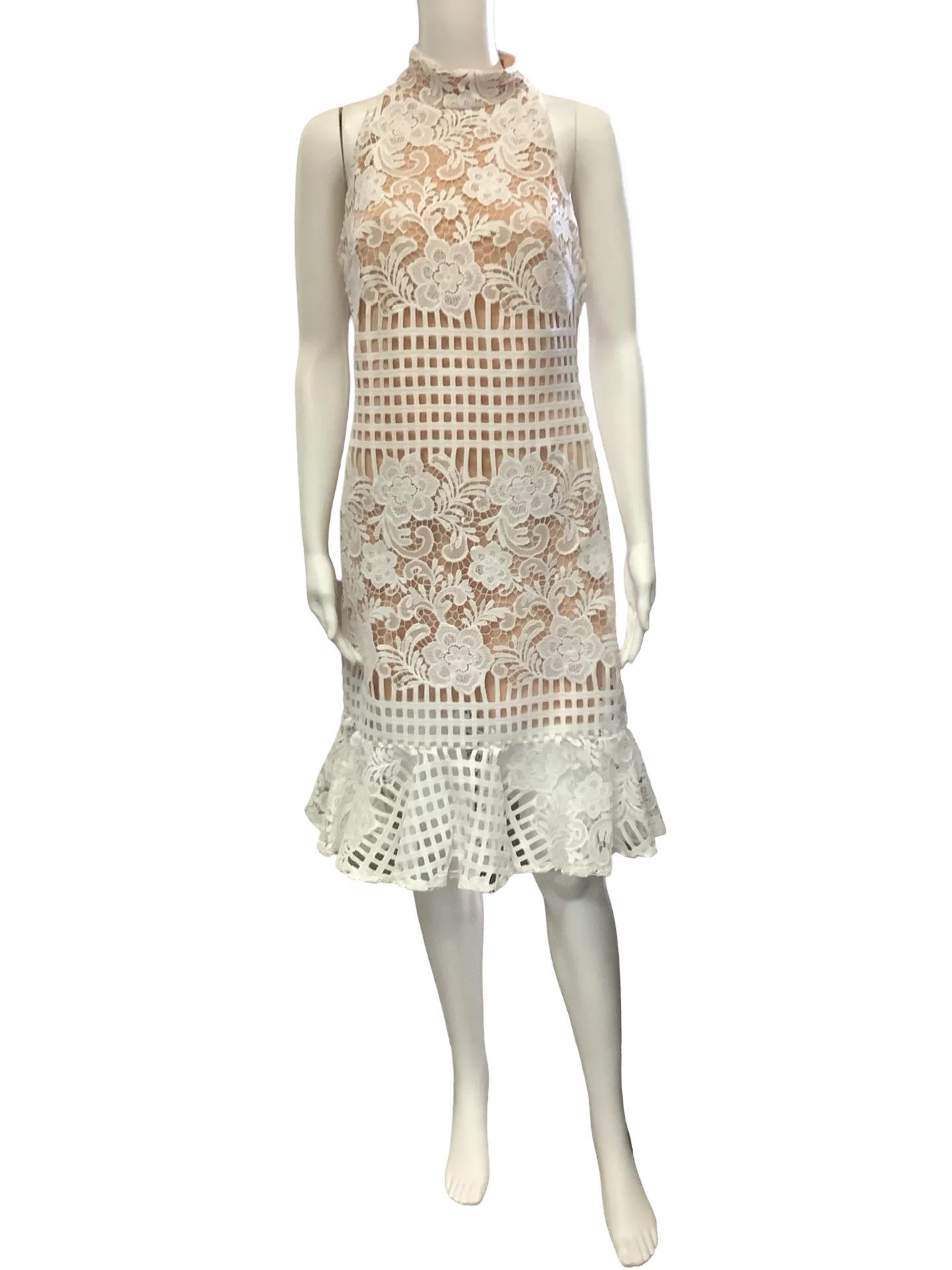 Julian Chang Dress Midi Lace Print High Neck Size: 8