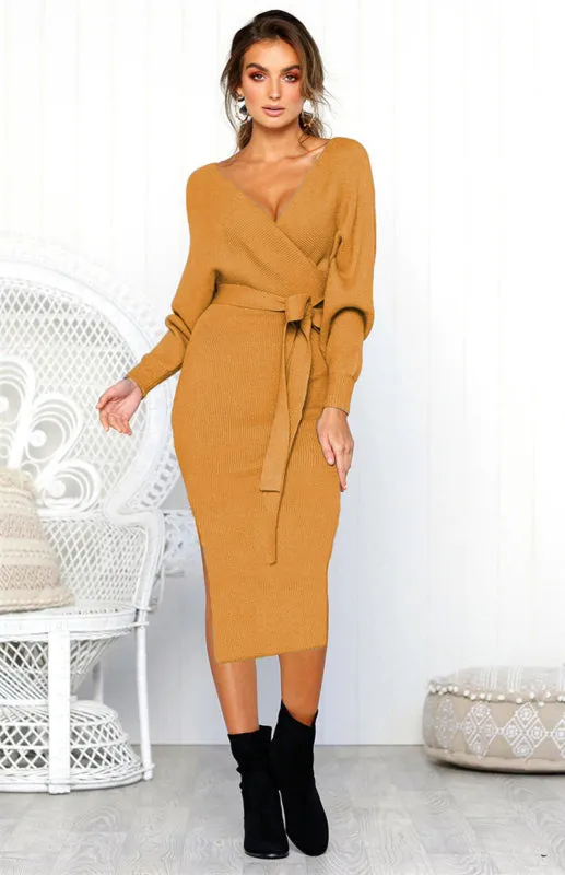 Kath Women's Sexy V Neck Lace Up Long Sleeve Dress