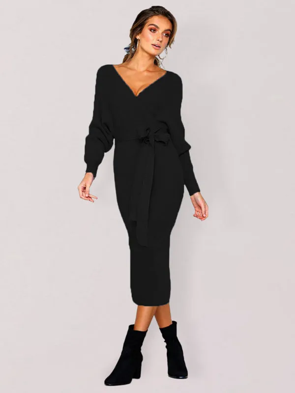 Kath Women's Sexy V Neck Lace Up Long Sleeve Dress