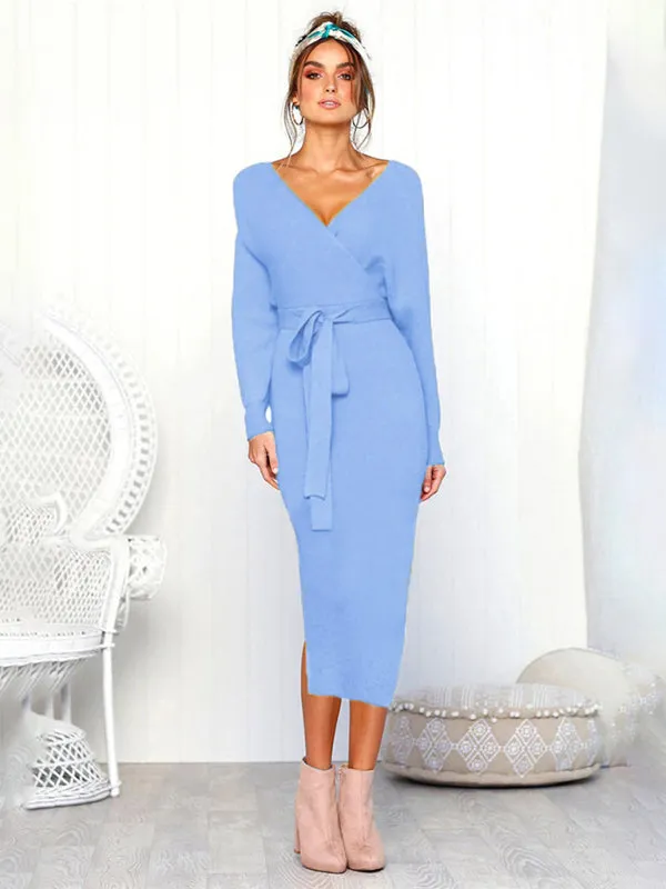 Kath Women's Sexy V Neck Lace Up Long Sleeve Dress