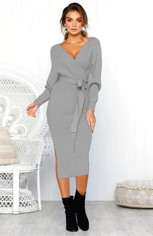 Kath Women's Sexy V Neck Lace Up Long Sleeve Dress