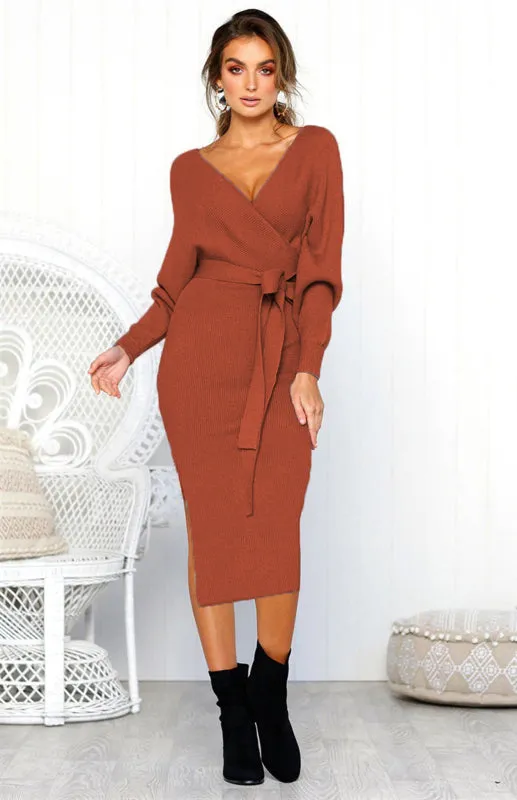 Kath Women's Sexy V Neck Lace Up Long Sleeve Dress