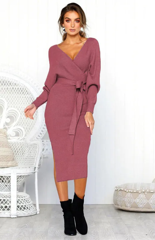 Kath Women's Sexy V Neck Lace Up Long Sleeve Dress