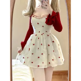 Kawaii 2 Piece Mini Dress Set – Floral Sleeveless Dress with Cardigan