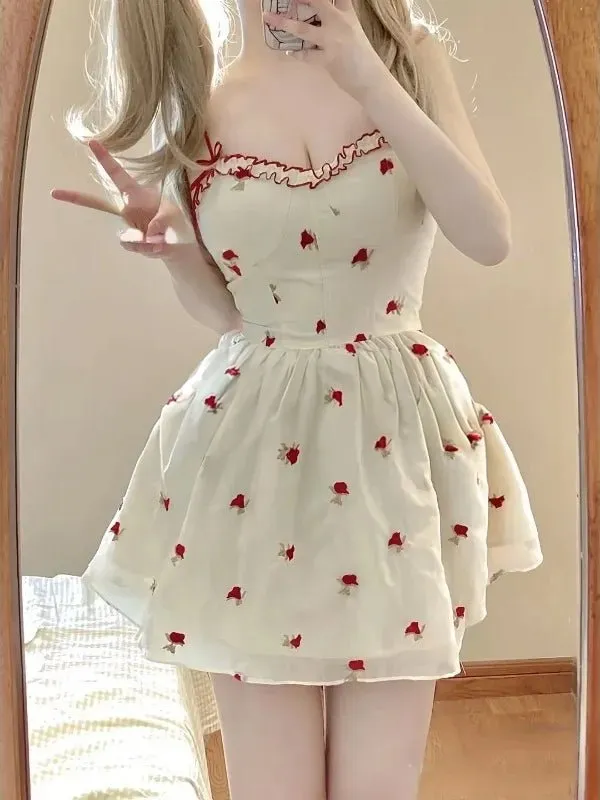 Kawaii 2 Piece Mini Dress Set – Floral Sleeveless Dress with Cardigan