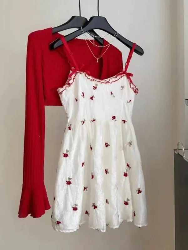 Kawaii 2 Piece Mini Dress Set – Floral Sleeveless Dress with Cardigan