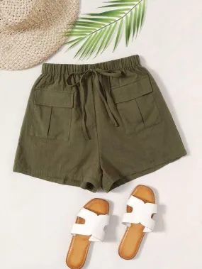 Knot Waist Flap Pocket Patched Shorts
