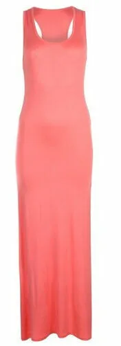 Ladies Coral Plain Maxi Muscle Jersey Racer Back Summer Dress