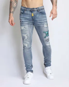 Light Wash Ripped BlueJeans with Skull Embroidered-Mexico Local Delivery