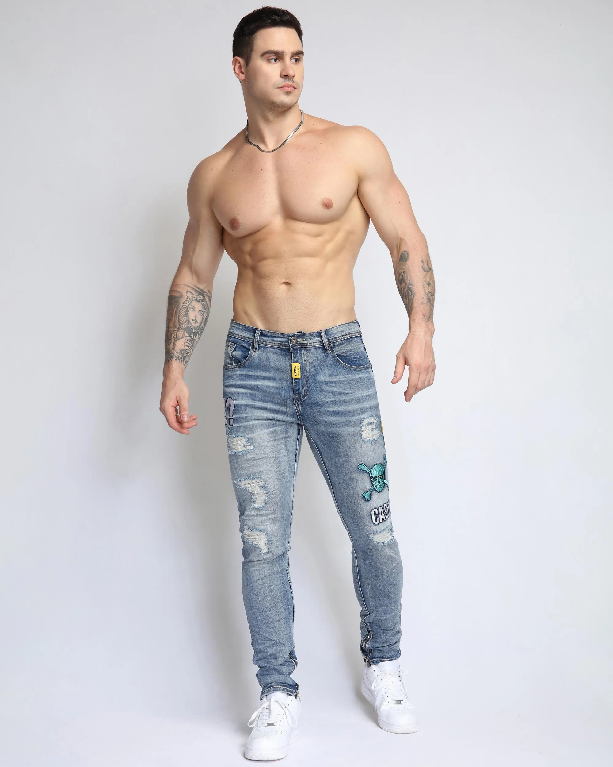 Light Wash Ripped BlueJeans with Skull Embroidered-Mexico Local Delivery
