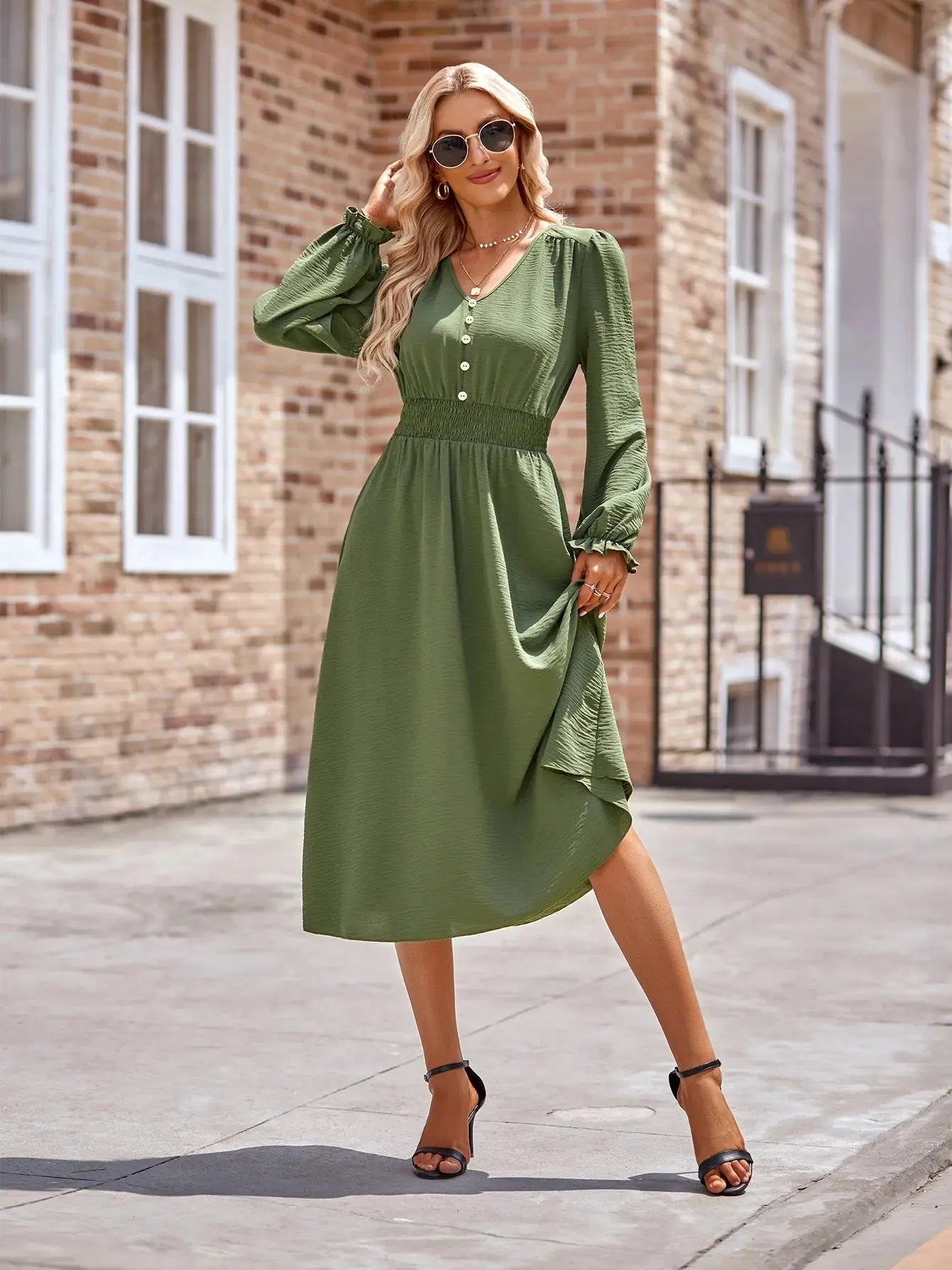 Long Sleeve V Neck Dress