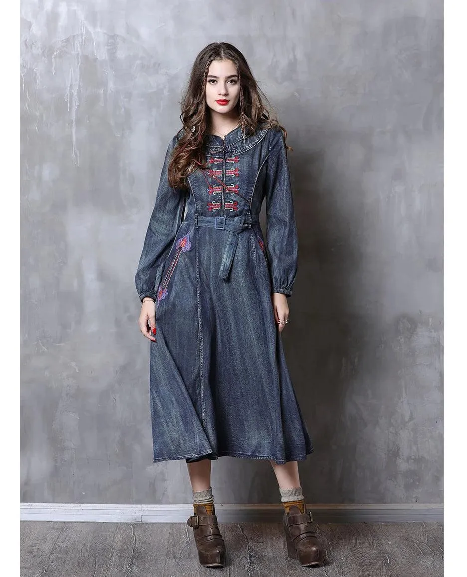 Long Sleeve Vintage Embroidery Belted Denim Dress