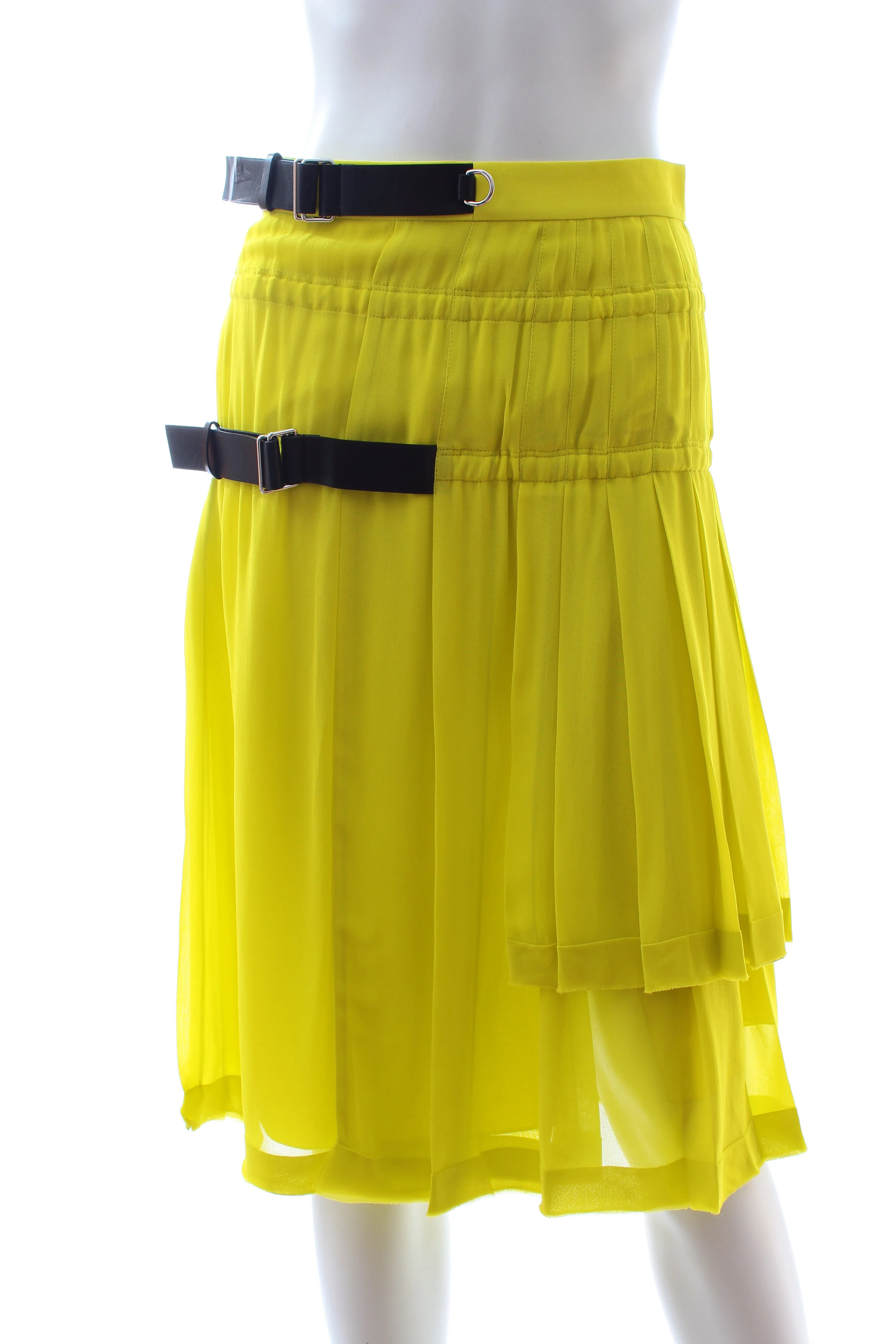 Louis Vuitton Leather Buckled Silk-Chiffon Pleated Midi Skirt