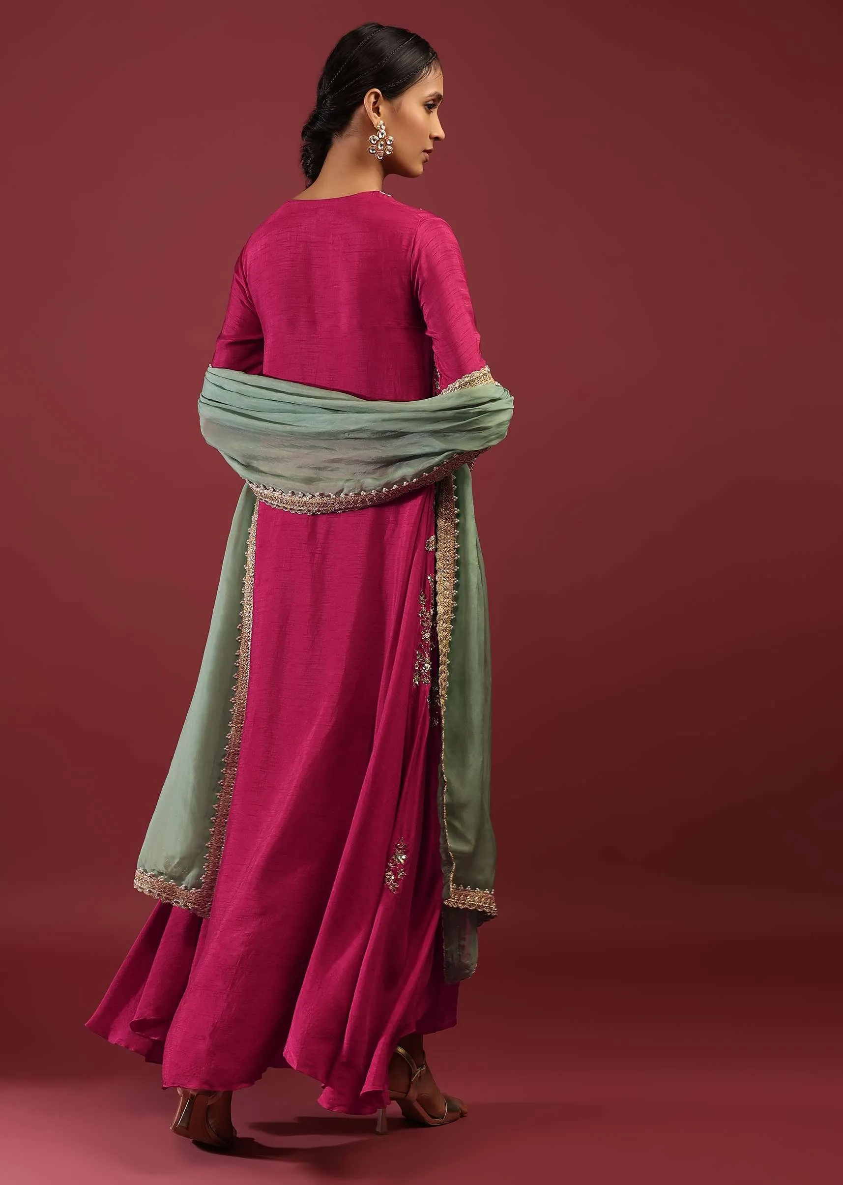 Magenta Pink A Line Suit With Zardosi Embroidered Bird Motifs And Neptune Green Dupatta