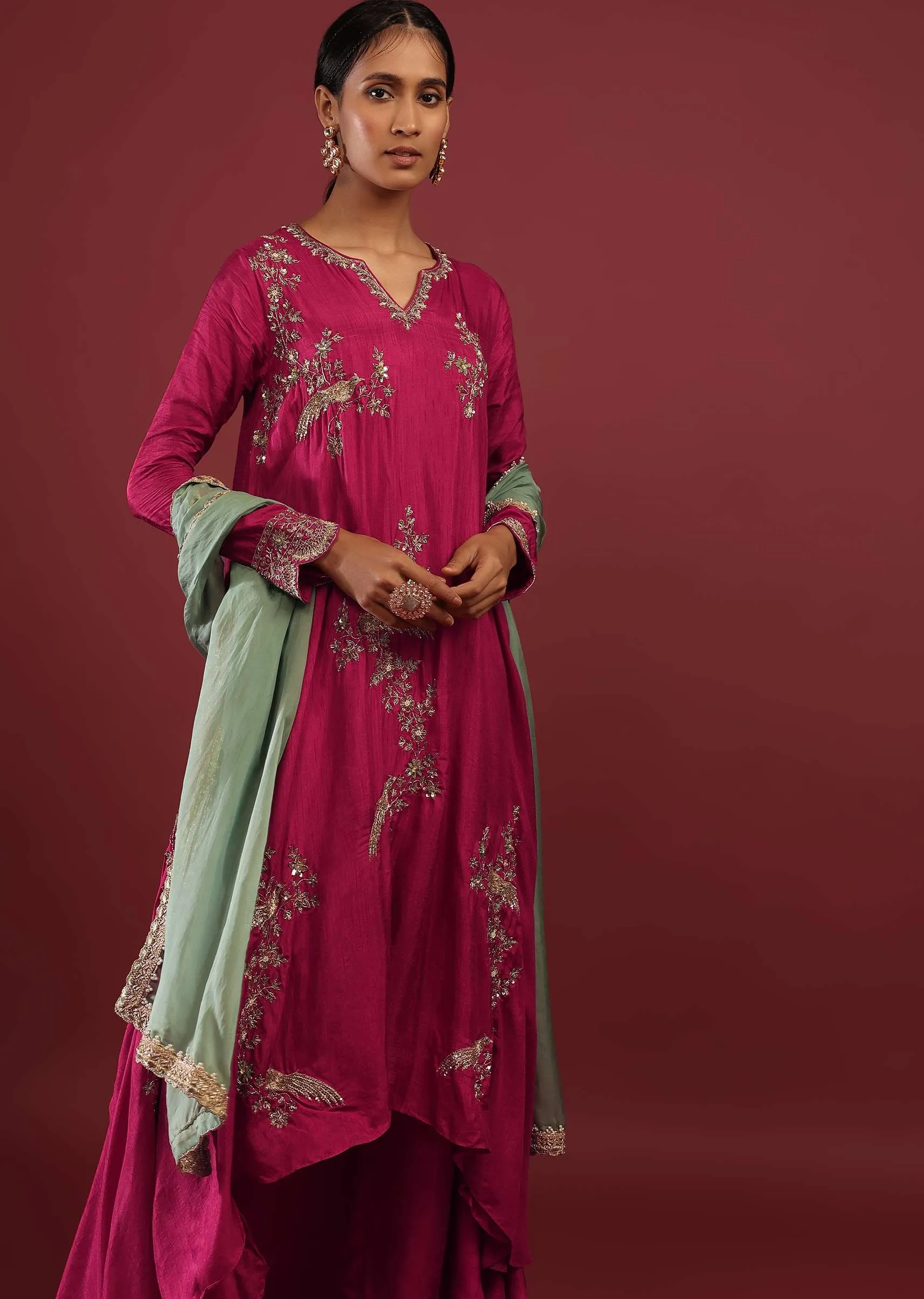 Magenta Pink A Line Suit With Zardosi Embroidered Bird Motifs And Neptune Green Dupatta