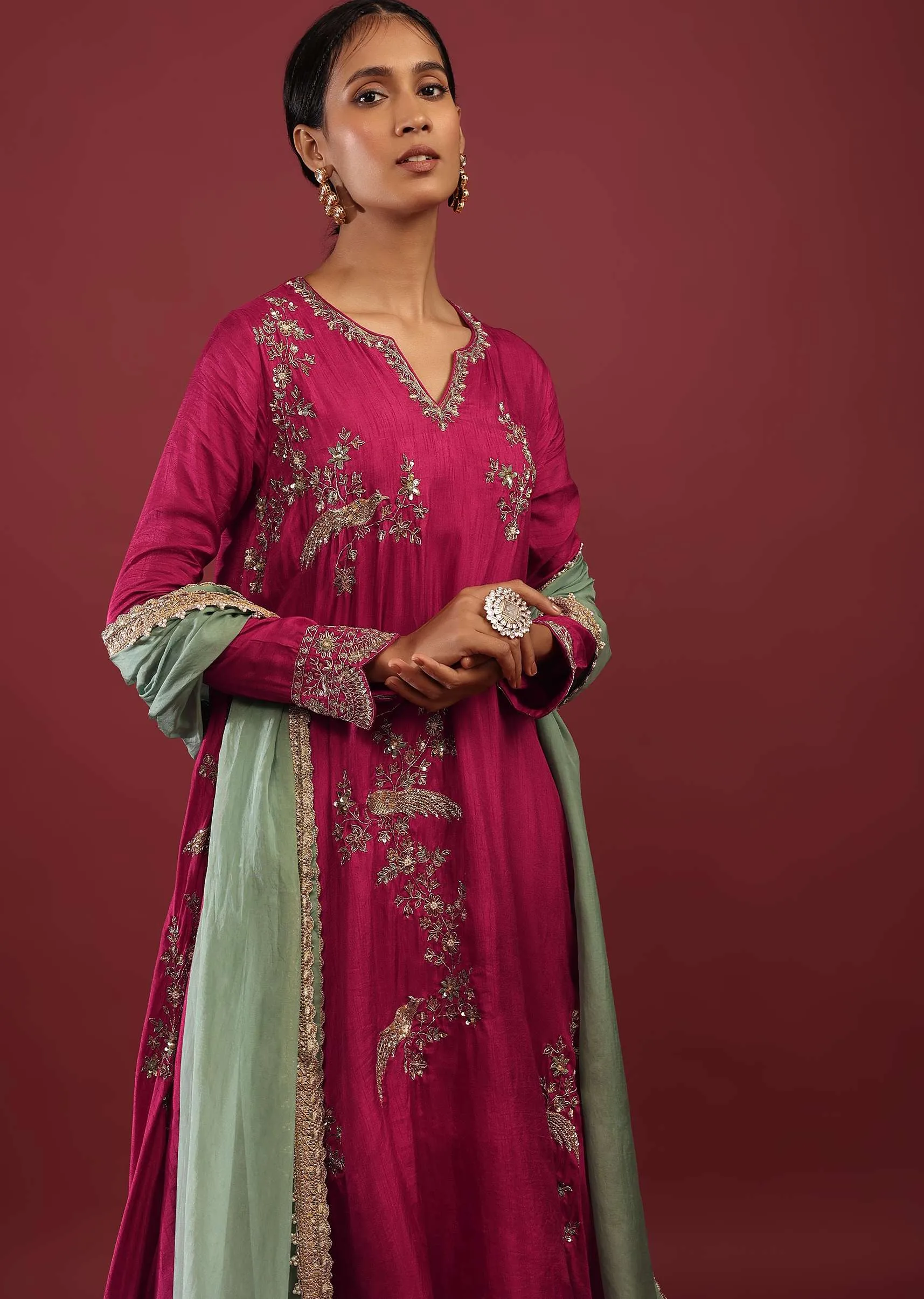 Magenta Pink A Line Suit With Zardosi Embroidered Bird Motifs And Neptune Green Dupatta