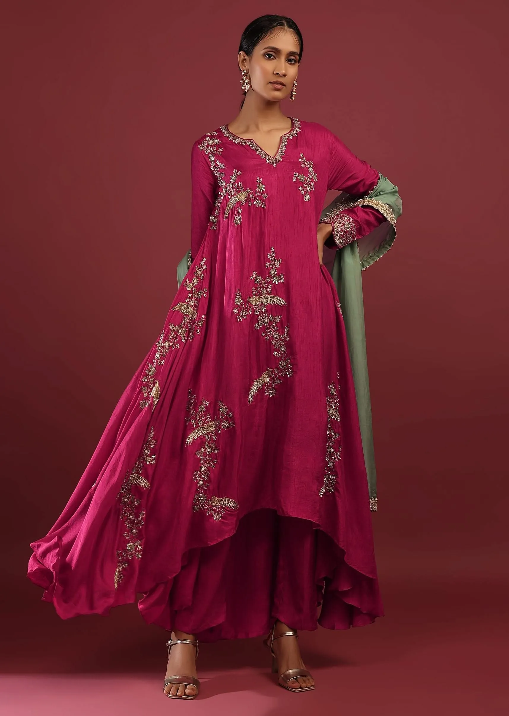 Magenta Pink A Line Suit With Zardosi Embroidered Bird Motifs And Neptune Green Dupatta