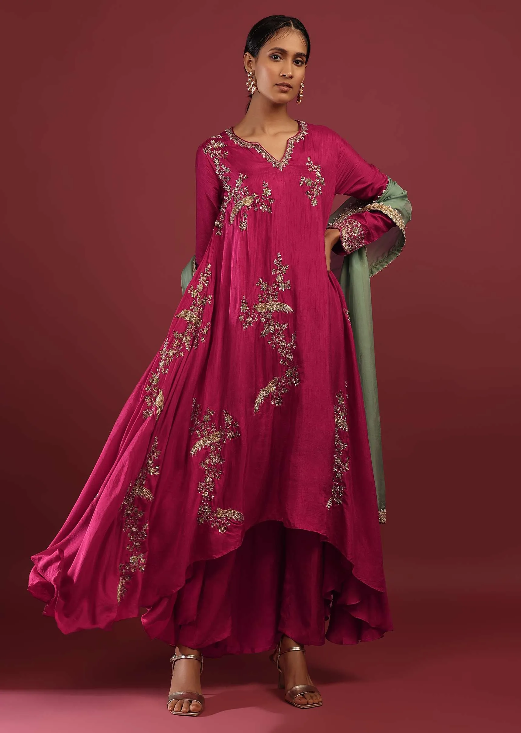 Magenta Pink A Line Suit With Zardosi Embroidered Bird Motifs And Neptune Green Dupatta