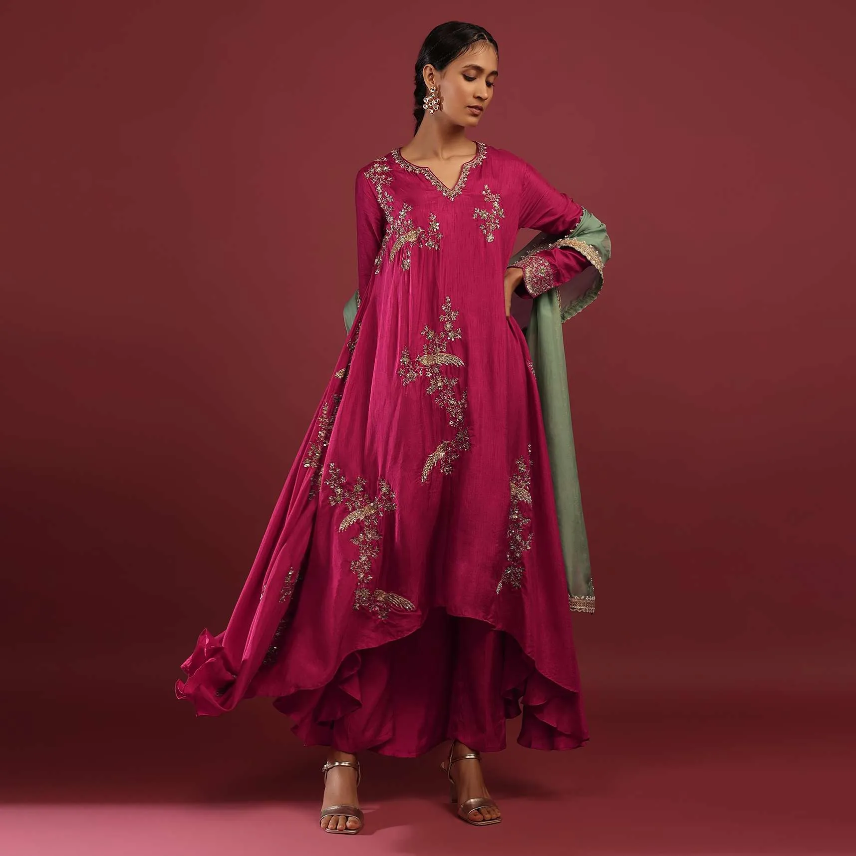 Magenta Pink A Line Suit With Zardosi Embroidered Bird Motifs And Neptune Green Dupatta