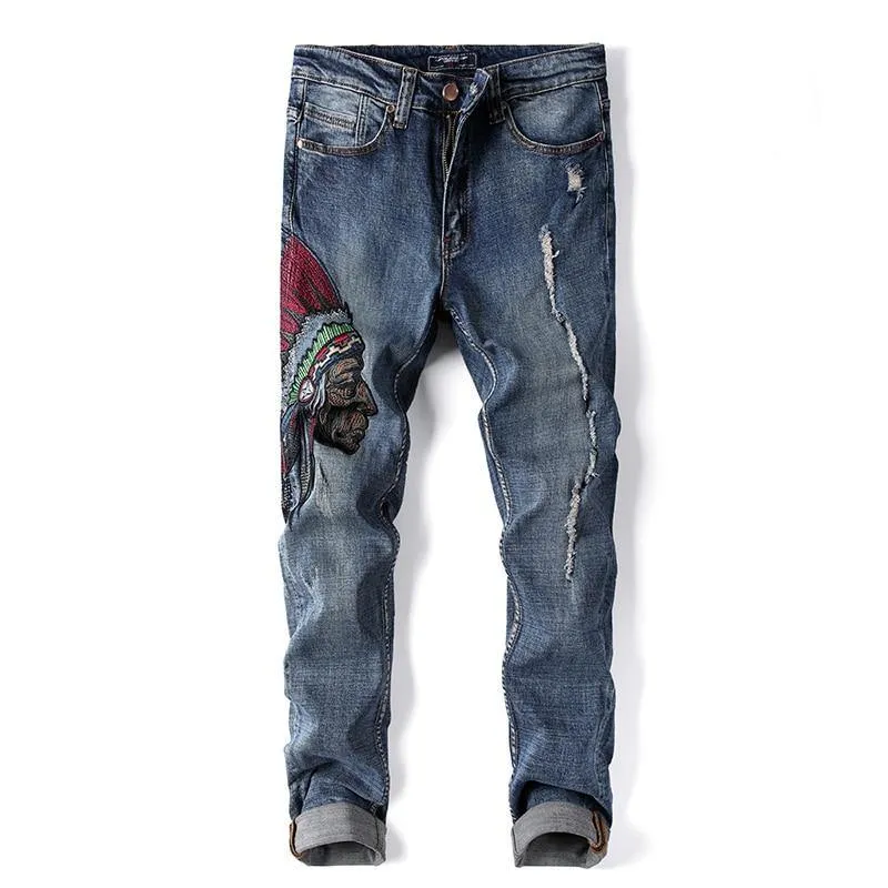 Men's Embroidery Distressed Loose Fit Jeans