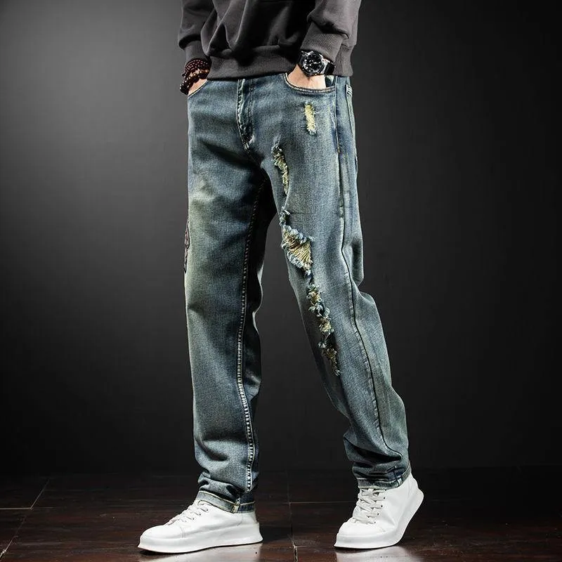 Men's Embroidery Distressed Loose Fit Jeans