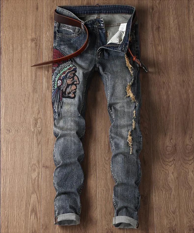 Men's Embroidery Distressed Loose Fit Jeans
